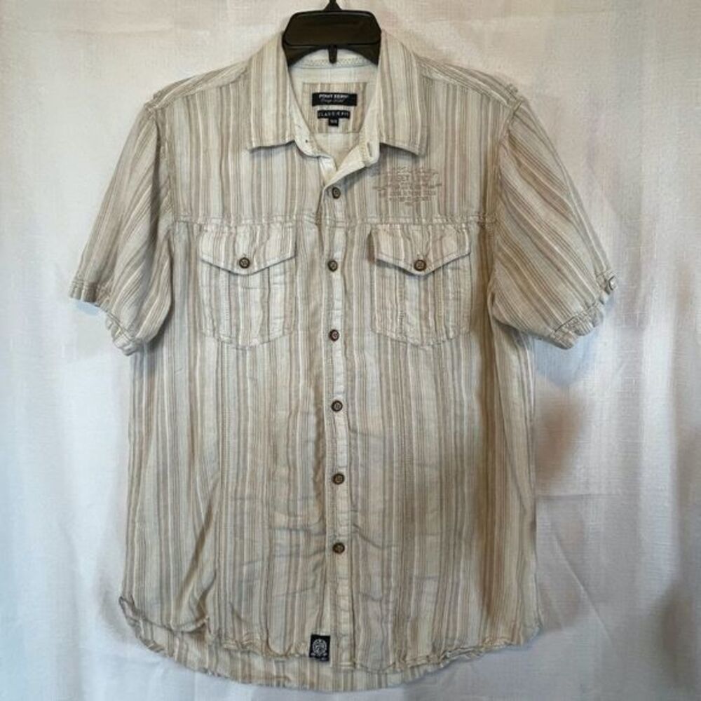 Point Zero Orange Label Mens Striped Linen Button Down Shirt Size M